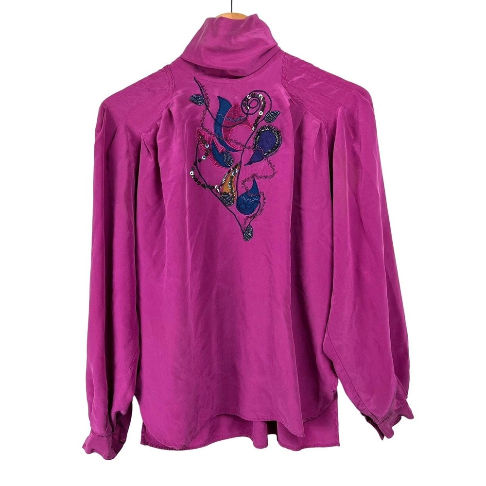 Vtg Marc dAlcy Silk Blouse Magenta Beaded‎ High Neck Sz 6 Regency Glamoratti 80s
